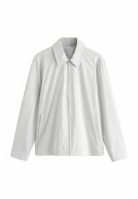 Lichtgrijs vest met ritssluiting, puntige kraag, lange mouwen en zijzakken. Glad, lichtgewicht materiaal met een minimalistisch ontwerp.