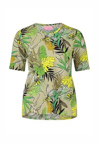 Kurzärmliges Oberteil in hellem Beige mit einem lebhaften grünen und gelben botanischen Muster. Verfügt über einen Rundhalsausschnitt und einen lässigen Schnitt. Weicher Stofftextur.