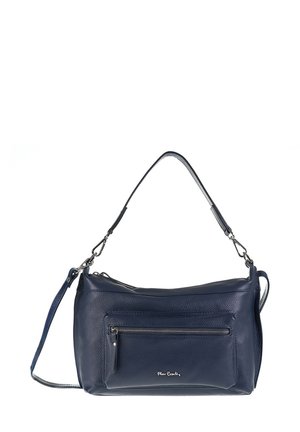 Borsa a tracolla in pelle blu navy con finitura textured, chiusura con zip superiore e tasca anteriore con zip. Tracolla regolabile per un trasporto versatile.