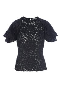 Top in pizzo floreale nero con maniche a volant, tessuto semi-trasparente, scollatura rotonda e apertura a chiave sulla schiena.