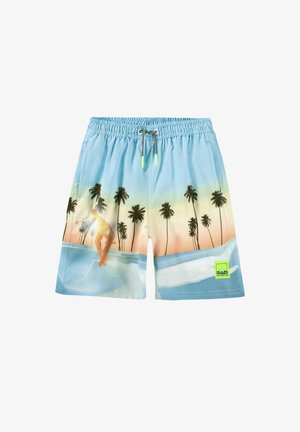 Boardshorts in Hellblau mit einem Sonnenuntergangsdesign, das Palmen und die Silhouette eines Skaters zeigt. Enthält einen Kordelzug und ein Logo-Element.