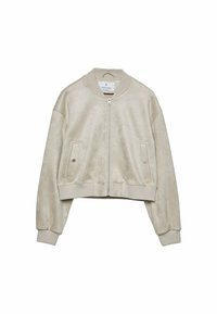 Kort bomberjakke i beige, lavet af blødt stof; har en frontlynlås, to sidelommer med knapdetaljer og ribstrikkede manchetter.