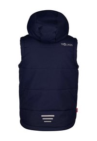 Marineblauer wattierter Weste mit Kapuze, horizontalen Steppnähten, reflektierenden Akzenten und einem Logo auf der Schulter. Rückansicht gezeigt.