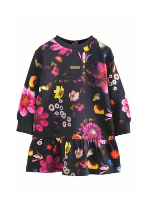 Blumenkleid mit langen Ärmeln, schwarzem Grund, lebhaften pinkfarbenen, gelben und weißen Blumen, geripptem Ausschnitt, gerafftem Rock und Logo-Detail auf der Brust.