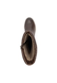 Bruine leren laars met een zachte, bruine wollen voering. Ronde neus en hoge schacht met een licht gestructureerd bovenwerk en contrasterende afwerking.