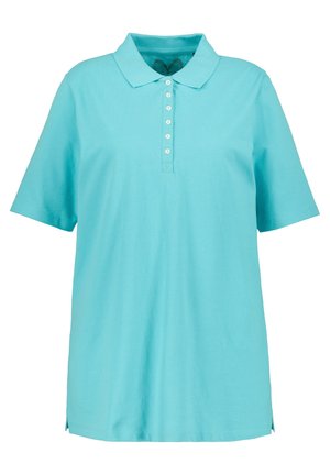 Polo shirt turchese, maniche corte, colletto, parte anteriore con sei bottoni, orlo dritto con spacco laterale, realizzato in tessuto misto cotone.
