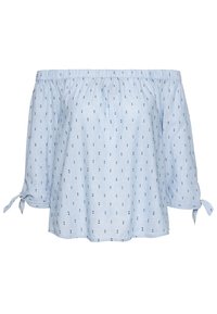 Blusa azzurro chiaro a spalle scoperte con scollatura arricciata, maniche corte legate ai polsini e piccoli motivi blu navy distribuiti su tutta la superficie.