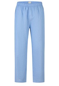 Pantalons rayés bleu clair avec une taille élastique, fabriqués en tissu doux. Conception à jambe droite, présentant des rayures verticales étroites.