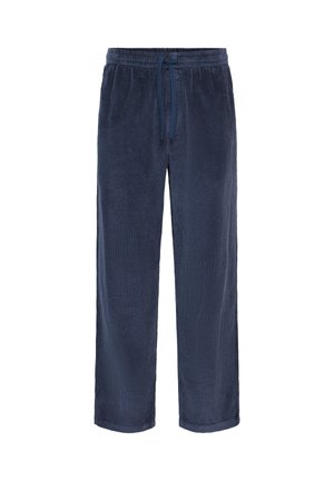 Mörkblå manchesterbyxor med texturerad yta, utrustade med resårmidja och justerbar dragsko för en bekväm passform.