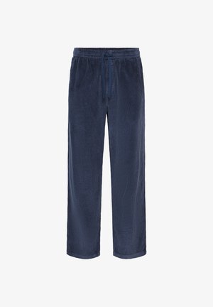 Mörkblå manchesterbyxor med texturerad yta, utrustade med resårmidja och justerbar dragsko för en bekväm passform.