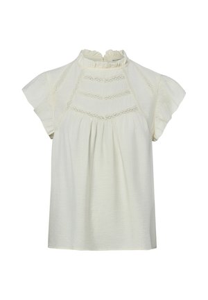 Blouse blanche à manches courtes avec bordure en dentelle, col montant froufroutant et détail de tissu froncé sous la poitrine.