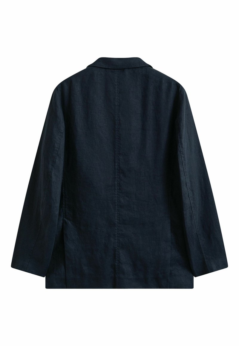 Donker marineblauwe blazer met lange mouwen, klassieke kraag, rechte achternaad en een getailleerde pasvorm.