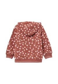 Hoodie in roestkleur met een bloemenpatroon in roze en wit. Voorzien van ribgebreide manchetten en onderrand. Zachte stof met een ontspannen pasvorm.