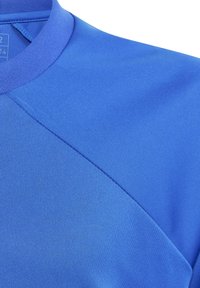 Maglietta sportiva blu con una consistenza liscia, colletto a girocollo e maniche raglan. Il tessuto ha una finitura opaca, senza motivi o accenti visibili.
