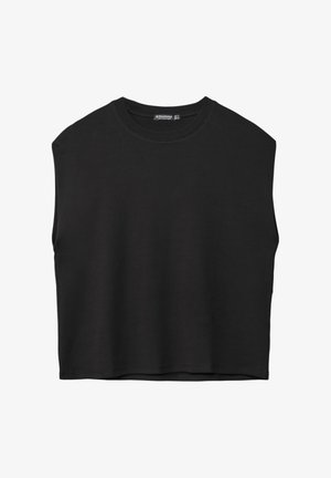 Svart ärmlös croppad t-shirt i mjuk bomull med rundad halsringning och slät textur, med rena kanter och utan mönster.