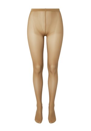 Doorzichtige beige pantykousen met versterkte tenen en tailleband, weergegeven op een witte achtergrond.