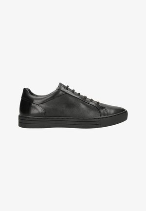 Zwarte leren sneaker met een lage profiel, ronde neus en platte rubberen zool. Heeft zes oogjes met metalen accenten en een gladde textuur.