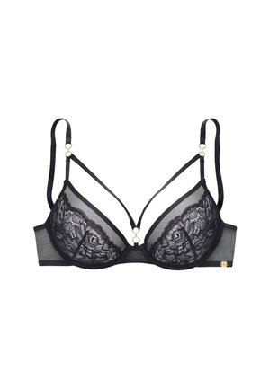 Čierna čipkovaná podprsenka s priesvitnými panelmi, trojuholníkovými košíčkami, tenkými ramienkami a zlatými kovovými detailmi. Disponuje zložitým čipkovaným vzorom a hladkou textúrou.