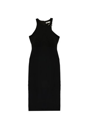 Sort ærmeløs kjole til knæene med høj halsudskæring og lynlås bagpå, med en lille metalring ved kraven.