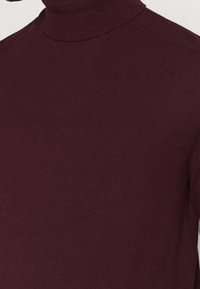 Bordowy sweter z golfem wykonany z miękkiego, elastycznego materiału o dopasowanym kroju. Prążkowane wykończenie na kołnierzu i ramionach.