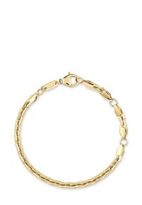 Bracelet en chaîne dorée avec des maillons rectangulaires et un fermoir à pince, présenté sur un fond blanc.