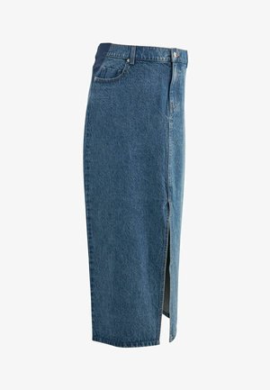 Fustă din denim de culoare albastru deschis, cu croială dreaptă, având o fante laterală, design cu cinci buzunare și închidere cu nasture la brâu.