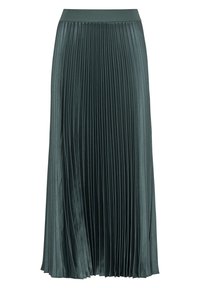 Gonna maxi plissettata in verde scuro, con una cintura liscia. Il tessuto ha una leggera lucentezza e una texture strutturata, creando linee fluide.