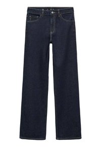 Jean denim bleu foncé à jambe droite avec poches avant et arrière, fermeture par bouton et détails de couture visibles.