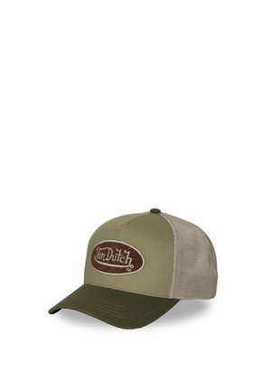 Grüne und beige Von Dutch Baseballkappe mit Mesh-Rückseite und gebogenem Schirm, Logo auf dem Vorderpanel bestickt.