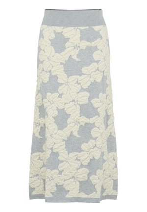 Pilkas megztas sijonas su tekstūruotu grietinėlės spalvos gėlių raštu, turintis priglundančią liemenę ir plazdinančią A-line fasoną.