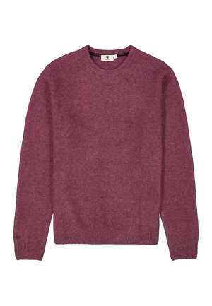 Suéter burdeos de suave tejido de punto, con escote redondo, mangas largas y puños y dobladillo acanalados. Sin patrones ni elementos metálicos presentes.