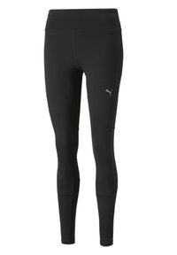 Czarne legginsy sportowe wykonane z elastycznego materiału, z wysokim stanem i małym logo po lewej stronie. Gładki, dopasowany krój.