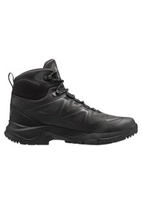 Scarpe da trekking nere con design a caviglia alta, tomaia sintetica con pannelli in rete, accenti testurizzati e suola in gomma robusta per una buona aderenza.