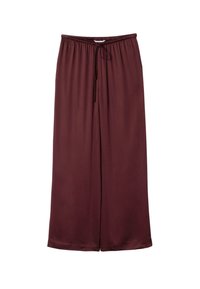 Burgunderfarbene, weite Hosen aus glattem Satinmaterial mit einem elastischen Bund und verstellbarem Kordelzug. Abgeschlossen mit einem geraden Saum.