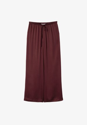 Burgunderfarbene, weite Hosen aus glattem Satinmaterial mit einem elastischen Bund und verstellbarem Kordelzug. Abgeschlossen mit einem geraden Saum.