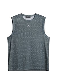 Maglietta atletica senza maniche grigia con un motivo a onde in grigio chiaro, realizzata in tessuto liscio, con scollo rotondo e dettagli del logo.