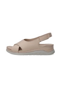 Beige leren slingback sandaal met open teen, kruisband ontwerp en lichtgrijze rubberen zool met geprofileerde groeven voor grip.