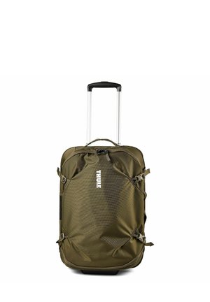 Wheeled olive green soft suitcase with telescoping handle and side compression straps, showing front with Thule logo centered.
