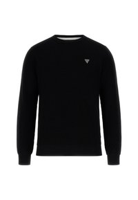 Melnā crewneck mikina ar teksturētu adījuma rakstu. Ar mazu trīsstūra logotipu uz krūšu, ribotiem piedurknēm un apakšmali.