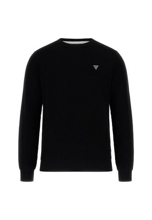 Schwarzer Rundhalsausschnitt-Pullover mit einem strukturierten Strickmuster. Verfügt über ein kleines dreieckiges Logo auf der Brust, sowie gerippte Bündchen und Saum.