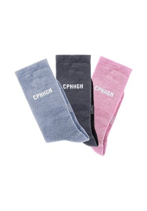 Three pairs of knitted socks in blue, black, and pink, each with the white text "CPNHGN" on the ankle area.