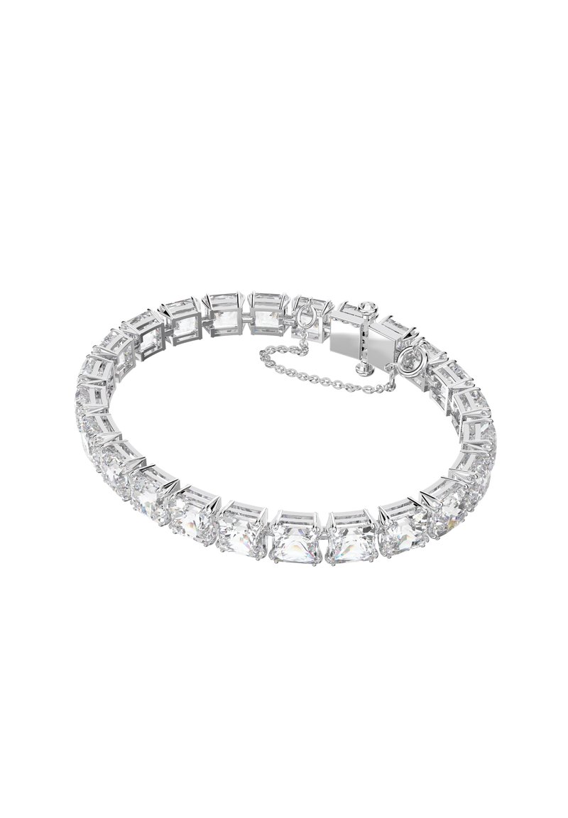 Armband in Silberoptik mit rechteckig geschliffenen, klaren Kristallen, die in einem verbundenen Design eingesetzt sind, mit einem sicheren Verschluss und einer Verlängerungskette.