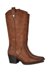 Botas de cowboy de efecto piel marrón con punta afilada, detalles bordados, tacón apilado y un diseño clásico del oeste.