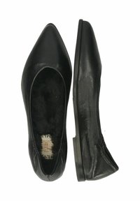 Pantofole nere in pelle con punta a punta e tacco basso. La parte superiore presenta una texture liscia e bordi elasticizzati per il comfort.