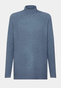 Blå turtleneck-tröja med långa raglanärmar, ribbad krage och nederkant, tillverkad av mjuk texturerad tyg, med en avslappnad passform och minimalistisk design.