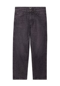 Jeans de denim negro de corte relajado con una textura suave, cinco bolsillos y cierre de botón y cremallera. Diseño de pierna recta.