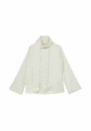 Cremesfarbener Oberteil mit hohem Kragen und langen Glockenärmeln, versehen mit schwarzen Punkten und einem passenden Schal, gefertigt aus einem glatten, weichen Stoff.