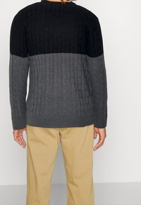 Mann in einem zweifarbigen schwarz-grauen Kabelstrickpullover mit beigen Hosen, von hinten vor einem schlichten Hintergrund gezeigt.