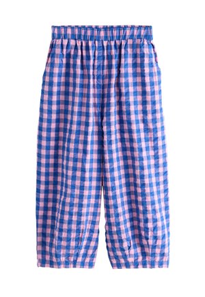 Kockás mintázatú nadrág kék és rózsaszín színben, rugalmas derékrésszel és laza szabással, összegyűjtött részletekkel az alsó szegélyen.