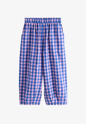 Roze en blauw geruite culottes met een elastische tailleband, voorzien van een losse pasvorm en geplooide details bij de enkels.